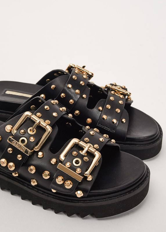 Gaudi' Sandalo Nero con Borchie e Fibbie  Oro