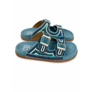 Mode  ciabatte donna azzurre in vera pelle con perline e dop