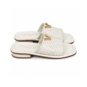 50a246d0-8790-4afc-af78-1e86f3ab0c5f Emanuelle Vee Ciabatta Donna Bianca Intrecciata con Logo V Oro