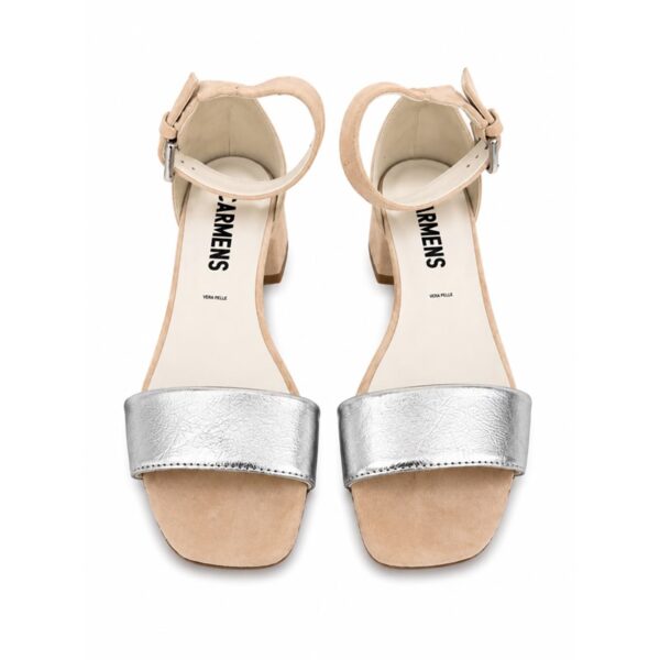 Carmens sandali  in camoscio beige e pelle laminata argento