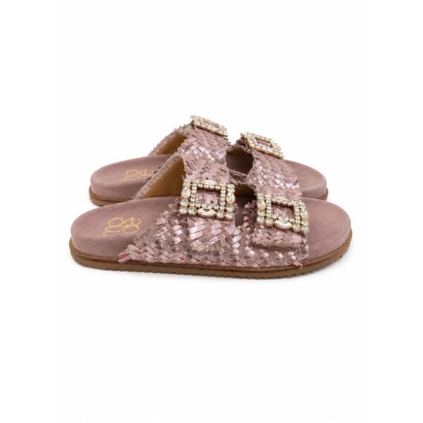 9B1E320CE0DBDE0EEE3C85BFABD58F67_ Mode ciabatte donna oro intrecciate in vera pelle con fibbie