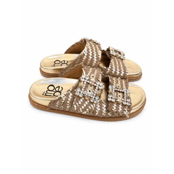D61D48F212B727D3D4A03A77B9655EF0_ Mode ciabatte donna oro intrecciate in vera pelle con fibbie