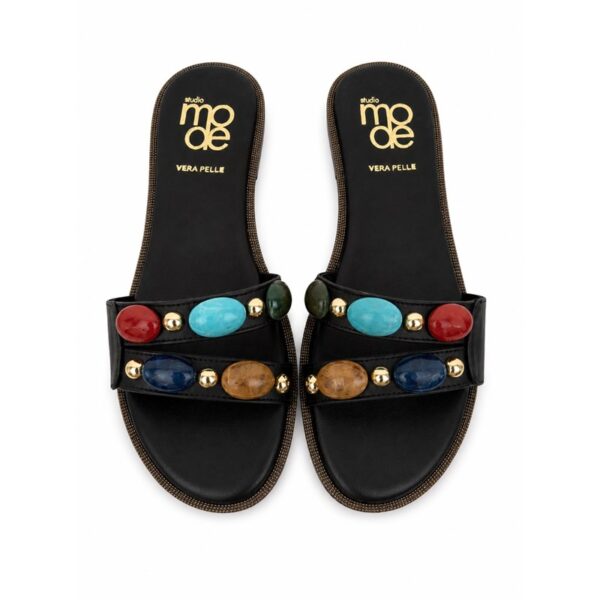 Mode ciabatte donna nere in vera pelle con pietre multicolor