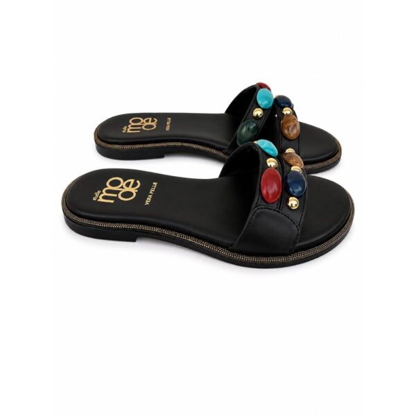 Mode ciabatte donna nere in vera pelle con pietre multicolor