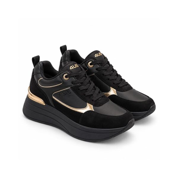 4us sneakers donna nere con zeppa alta 5 cm e dettagli oro