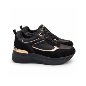 4us sneakers donna nere con zeppa alta 5 cm e dettagli oro