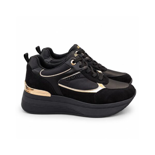 4us sneakers donna nere con zeppa alta 5 cm e dettagli oro